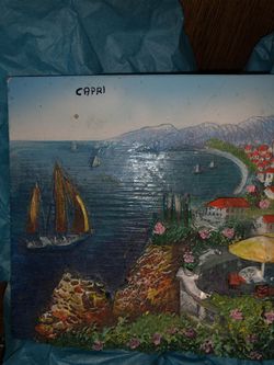 Ocean sailboat beach restaurant landscape of Capri sculptured art from Capri Thumbnail
