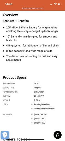 Black+decker 20V Max Cordless Chainsaw, 10-Inch (LCS1020)