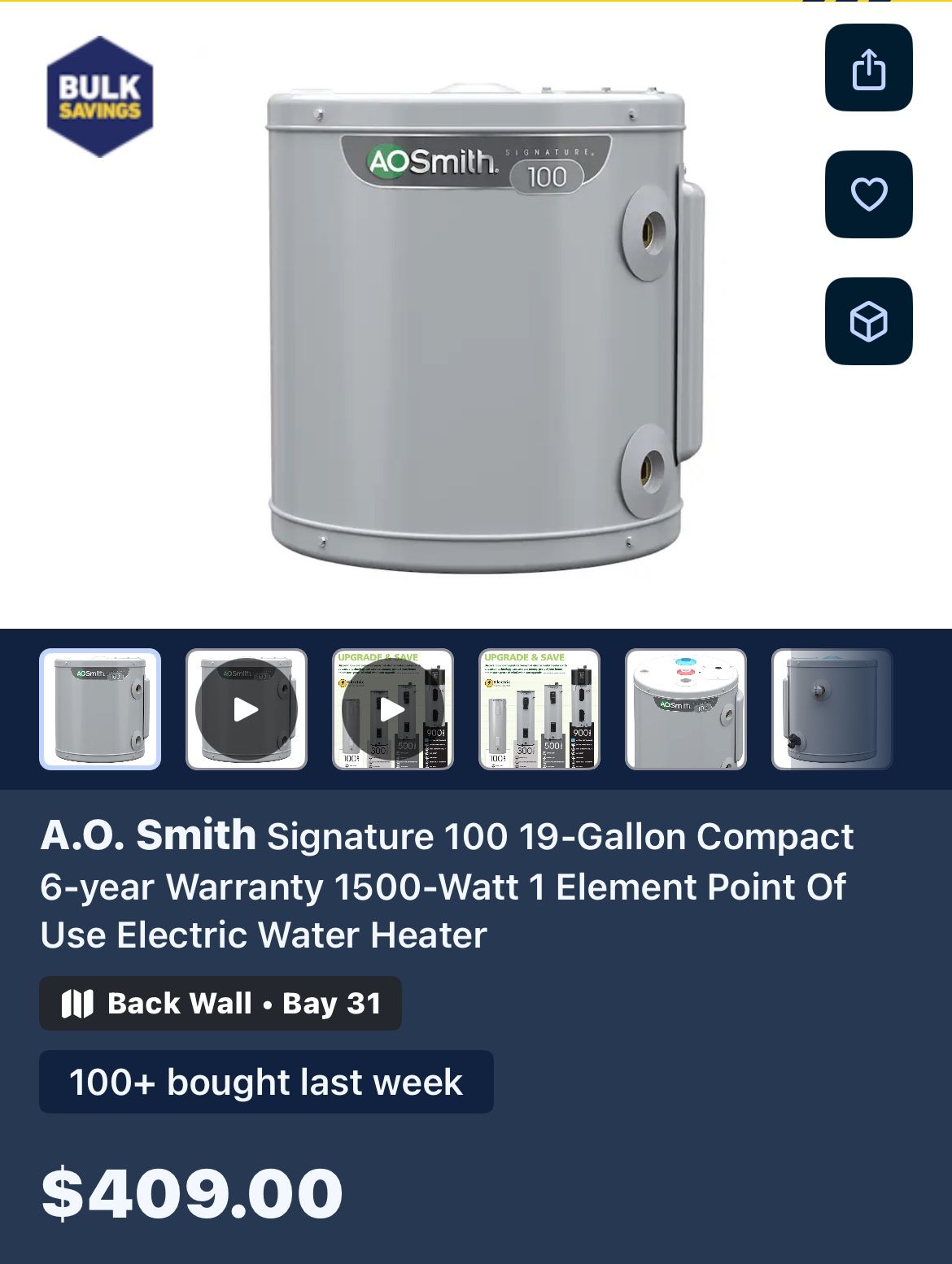 New In The Box A.O. Smith Signature 100 19-Gallon Compact 6-year Warranty 1500-Watt 1 Element Point Of Use Electric Water Heater
