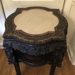 Antique Chinese Chippendale Carved Ebonized Marble Top Side Table