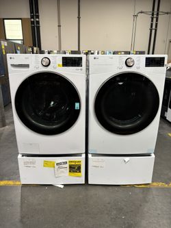LG ThinQ Front Load Washer & Dryer Set + Pedestal Washer & Storage Pedestal – White