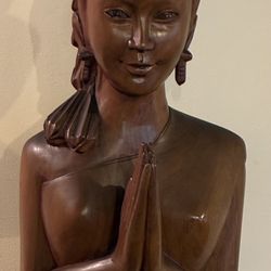 6ft  Tall Thai Sawasdee Lady Praying Hand Carved Teak Wood Statue