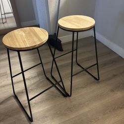 Set Of 2 28"H Backless Stool Black Metal Base with Natural Wood Seat
