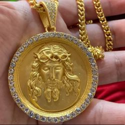 ✅Hip Hop Gold Plated Chain With Alloy And Bling Rhinestone Round Jesus God Pendant Necklace