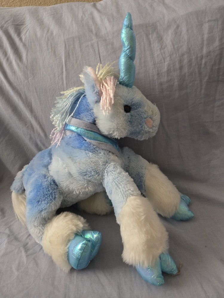 VTG 2001 Animal Alley Toys R Us Blue Unicorn Rainbow Yarn Stuffed Animal Plush