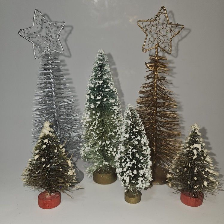 6 VTG Mini Christmas Village Decorated Bottle Brush Trees