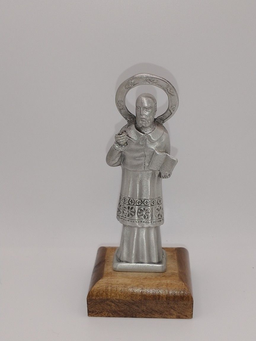 Pewter Catholic Holy Figure on Wooden Base