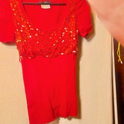 RED SEQUIN TOP WITH RUFFLED SLEEVE