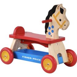 Brand New In The Box- Fisher-Price Retro Wooden Pony Ride-On Toy for Toddlers, Real Wood Ride-On by Dynacraft with Under-Seat Storage, Indoor Floor-Fr