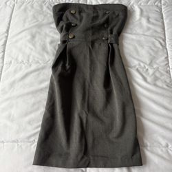 Strapless Charcoal Gray Military-Inspired Dress with Gold Crest Buttons & Tie Waist – Brand New - Size Small