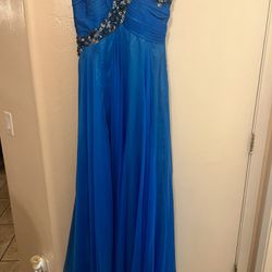 Strapless beaded royal blue prom dress
