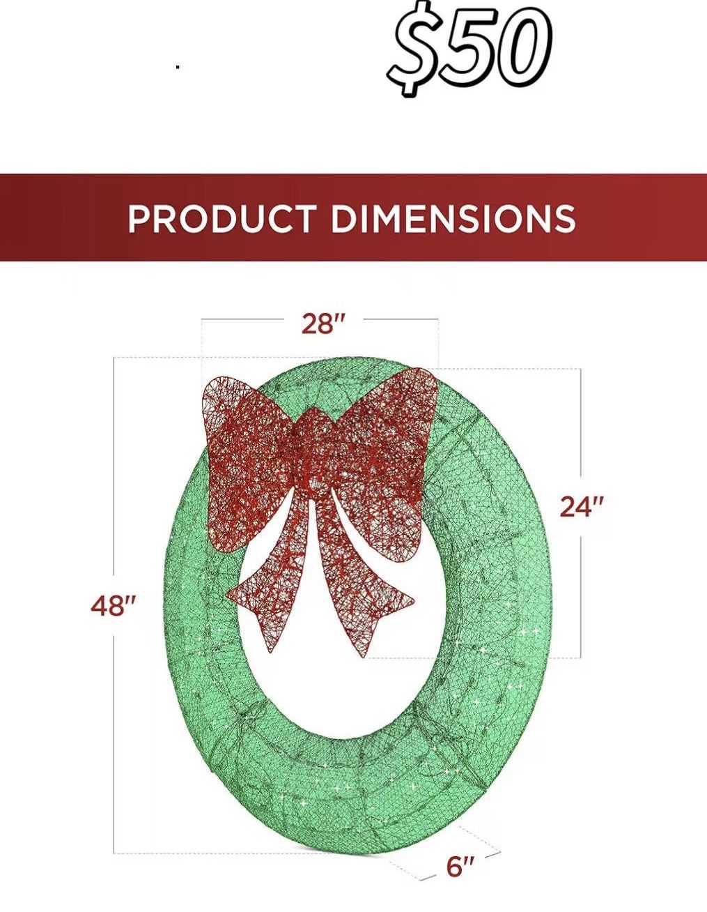 😀 48in Pre-Lit Outdoor Christmas Wreath Decoration, LED Metal Holiday Decor for Home w/ 140 Lights, Bow - Green/Red