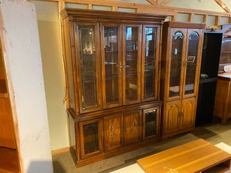 Vintage Oak China Cabinet with Asian Painting Detail