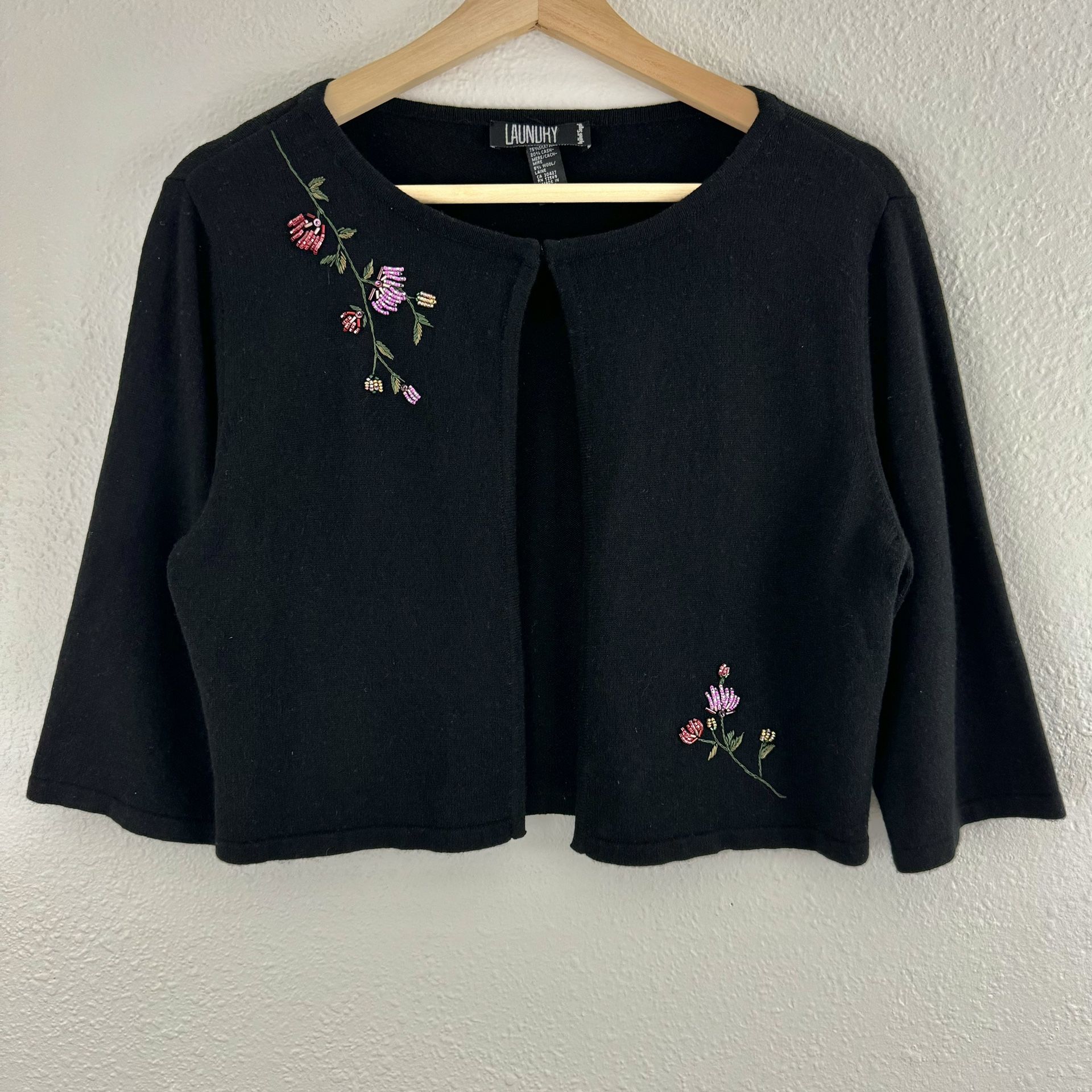 Vintage 90s Black Cashmere Wool Silk Beaded Floral Quarter Sleeve Cropped Shrug