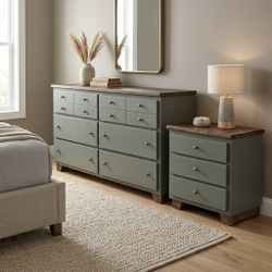 Solid wood Modern Organic Sage Green & Stained Wood 2-Piece Dresser & Nightstand Set