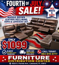 Fourth of July sale now. Madrid brown leather reclining sofa and loveseat set $1099. Easy finance option. Same-day delivery.