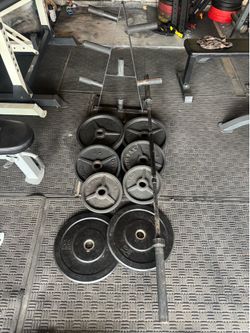 Olympic rubber weights 230lbs total plus weights tree and 7ft 3 piece Olympic bar