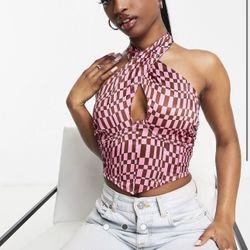 satin halter neck corset top in pink checkerboard