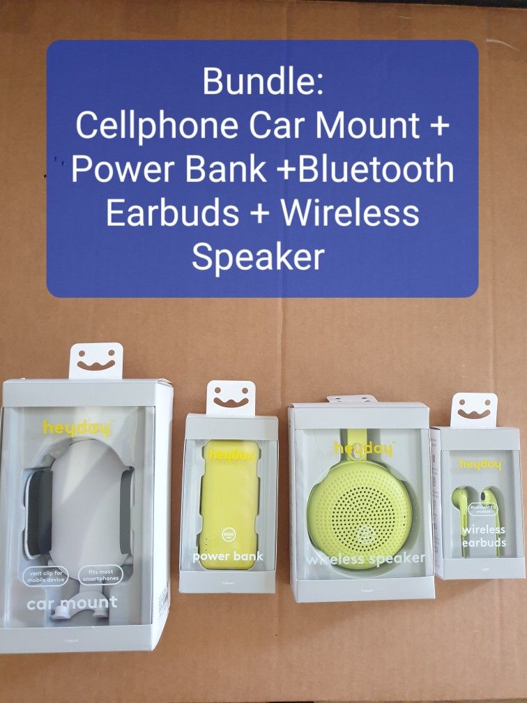 Cellphone Car vent Mount + Power Bank + wireless Bluetooth Earbuds + Wireless Bluetooth Speaker