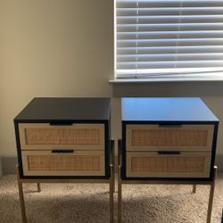 Wood & Rattan 2-Drawer Nightstand Black