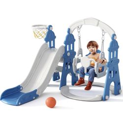 4-in-1 Kids Slide and Swing Set, Toddler Slide with Basketball Hoop