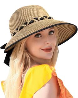 Womens Beach Sun Straw Hat UV UPF 50+ Travel Foldable Brim Summer UV Hat Wide Brim Straw Panama Hat