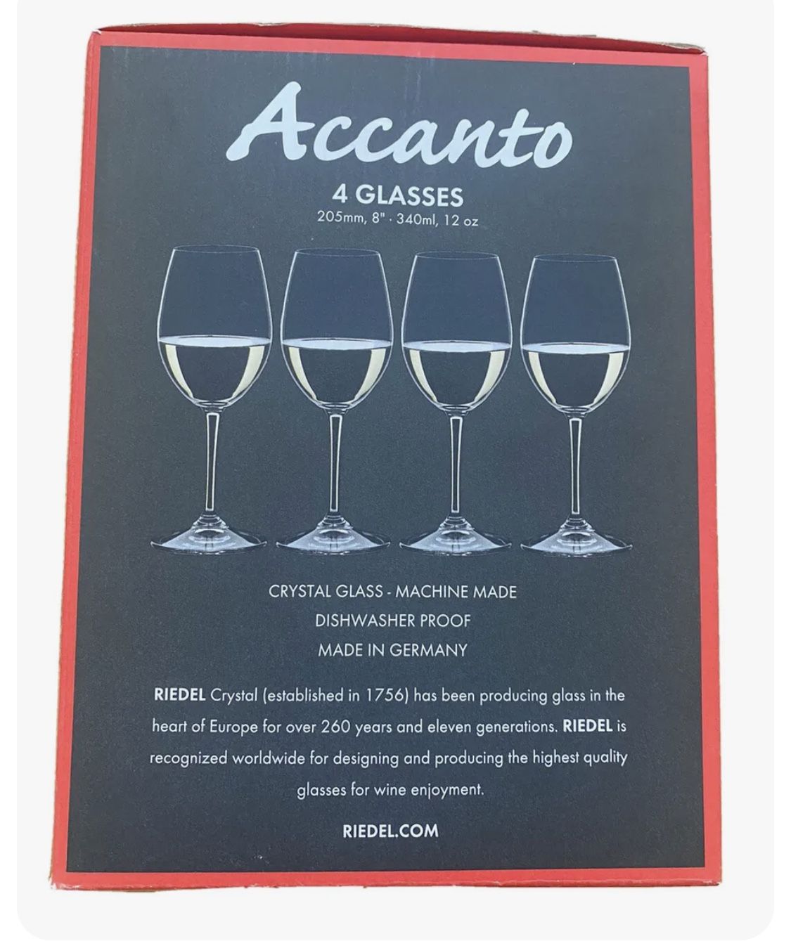 Riedel Accanto White Wine Crystal Glass 8” 12oz, 4 piece. Brand New.