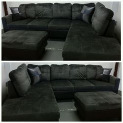 Brand New Espresso Microfiber Sectional With Storage Ottoman & 2 Decorative Pillows