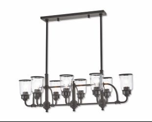 8-Light Bronze Linear Chandelier with Seeded Glass