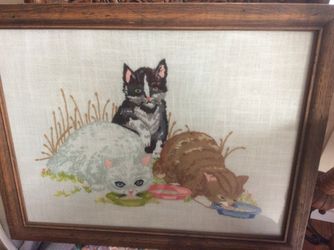 Cat - framed 20 x 16 vintage cross-stitch