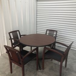 Round 42” Conference Room Table & Four Cherry Finish Wood Chairs