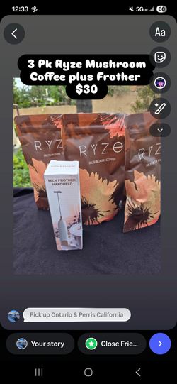 Pack of 3 Ryze Mushroom Coffee and Frother/  Set de 3 Cafe con Champiñones y batidora