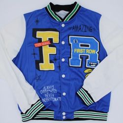 Women’s 1XL Graphic Letterman Style Jacket Blue White Button Up