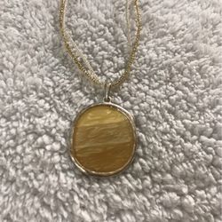 Amber Pendant With Gold And White Beaded Necklace 