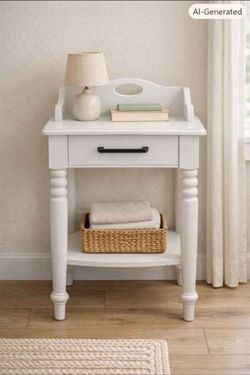 White Farmhouse Nightstand with Gallery Back & Turned Legs