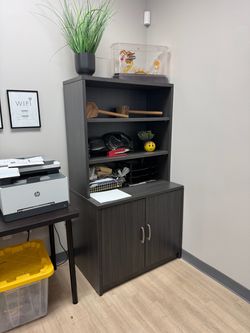 Modern Office Bookshelf with Cabinet Storage – Dark Wood