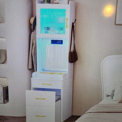 White vanity with light up mirror and upholstery seat