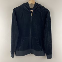 JUICY COUTURE Y2K Black Velvet Velour Hooded Tracksuit Jacket Sweatshirt