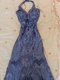 Blue Sequin Halter Neck Formal Gown