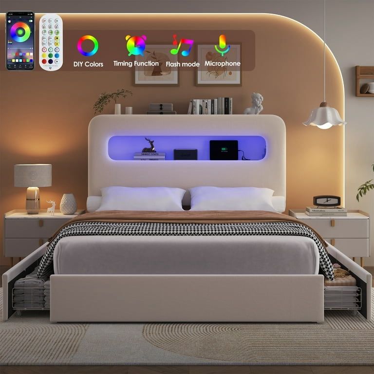 Full Size LED Bed Frame with Storage Headboard, 4 Drawers Velvet Upholstered Platform Bed Frame with USB Ports & Outlets, Off-White(Wooden Slats+4 Dra