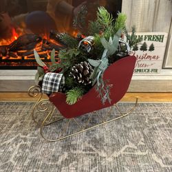 NEW hand painted and sealed metal sled with gold runners removable Christmas arrangement