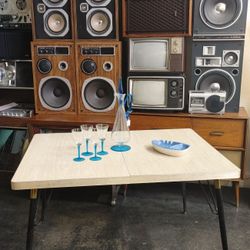 Vintage MCM Mid Century 1950s - 1960s Virtue Bros Brothers Dining Room Dinner Table Dinette Drop Leaf Formica Metal Edge Folding Hairpin Legs Black