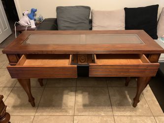 *****REDUCED****1980's Klaussner Co. Wooden Console Sofa Table and Console table with Rattan Detail and Glass Top Wooden coffee table with glass
