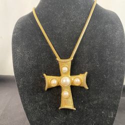 Gold Colored Cross with pearl inlays Necklace & Brooch 14” inch length Brand New