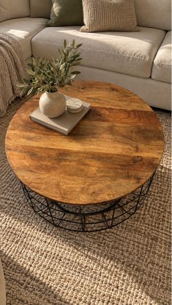 Round Wood and Metal Wire Coffee Table