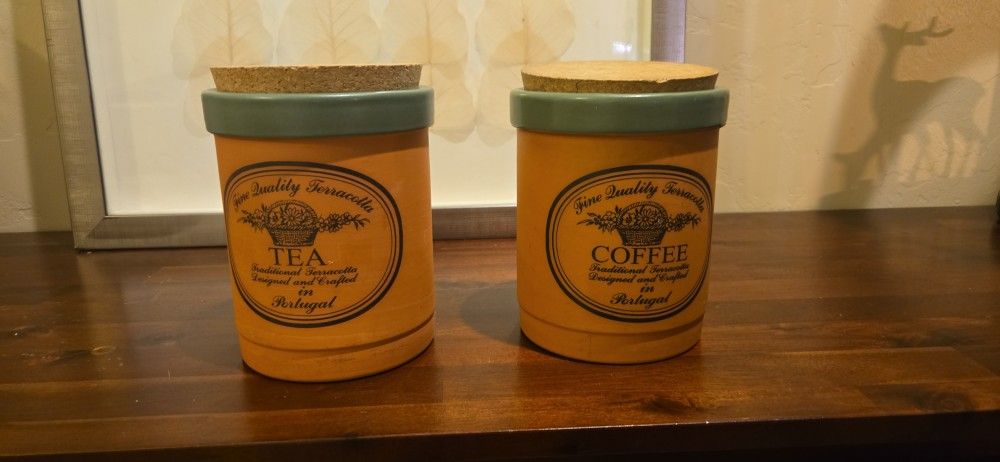 Casa Verde Portugal Terracotta Canisters Tea & Coffee w/ Cork Lids – Set of 2