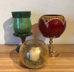 3 New Glass Jeweled Accent Candleholder Candle Holders Vase Home Decor Brass Stands