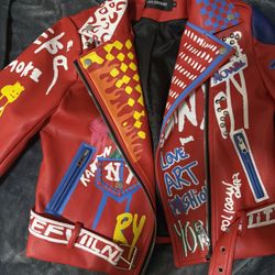 Free Chariot Red Grafitti Leather Jacket 