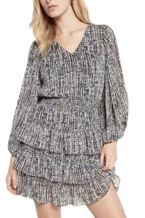 Express - Abstract Print V- Neck Long Sleeve Tiered Skirt Mini Dress Size L