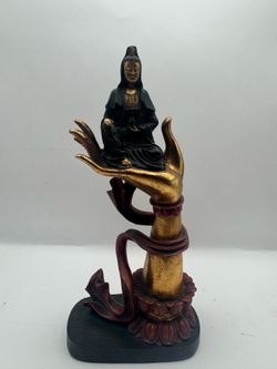 Vintage Bronze Finish Guanyin Sitting On An Open Hand Ornament. 20th Century